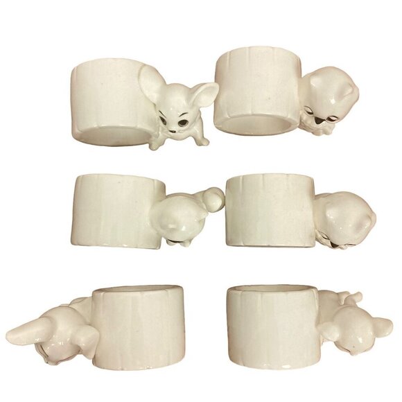 Schmid Bros Animal Napkin Rings Set Of 6 White Ceramic Raccoon Owl Mouse in Box - Picture 12 of 14